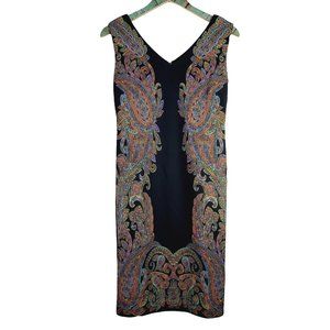 Carmen Marc Valvo, Paisley V-Neck & Back Scuba Shift Dress w/ Exposed Zipper, S